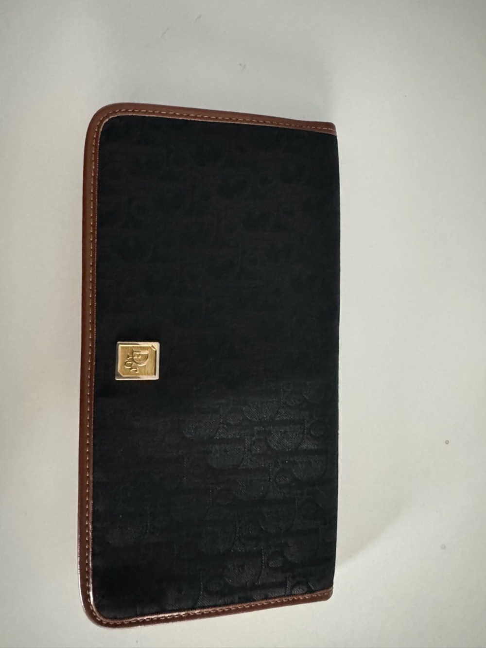 Dior Black Wallet with Brown Trim and Gold Logo Plaque